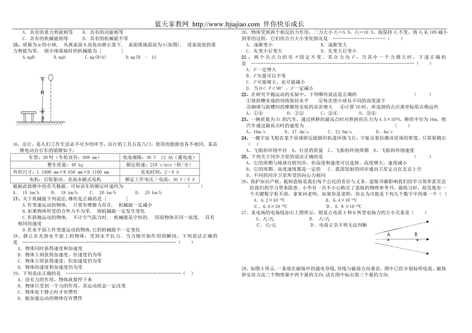 江苏省高二物理学业水平测试模拟试卷(十四)_第2页