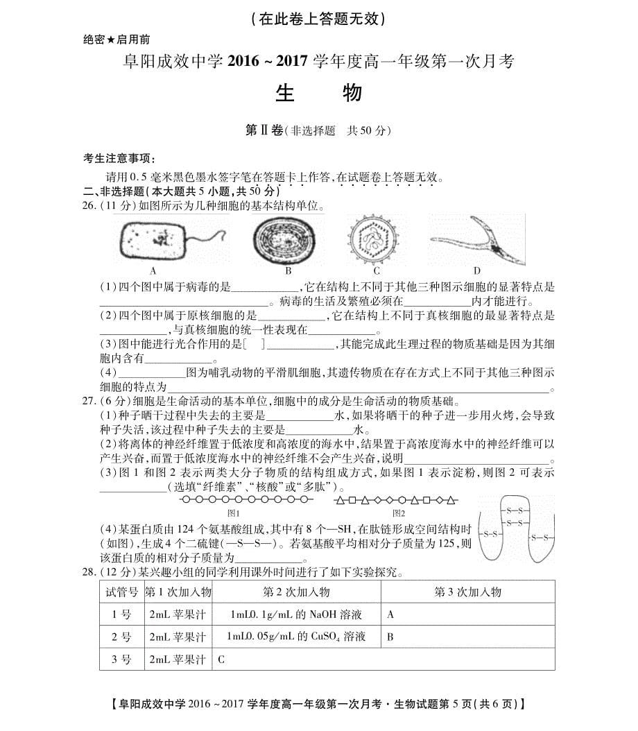 安徽省阜阳市成效中学2016-2017学年高一上学期第一次月考生物试题（pdf版,无答案）_第5页