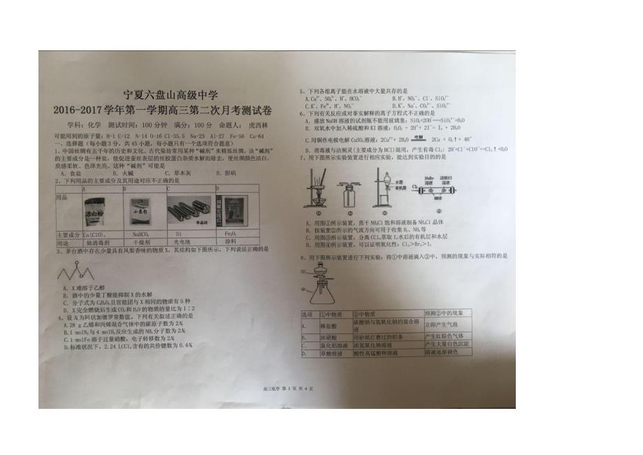 宁夏六盘山高级中学2017届高三化学上学期第二次月考试题（pdf，无答案）_第1页