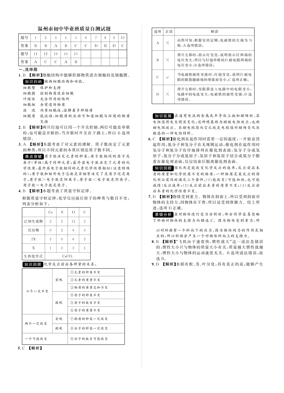 浙江省温州市2016届九年级初中毕业班质量自测科学答案_第1页