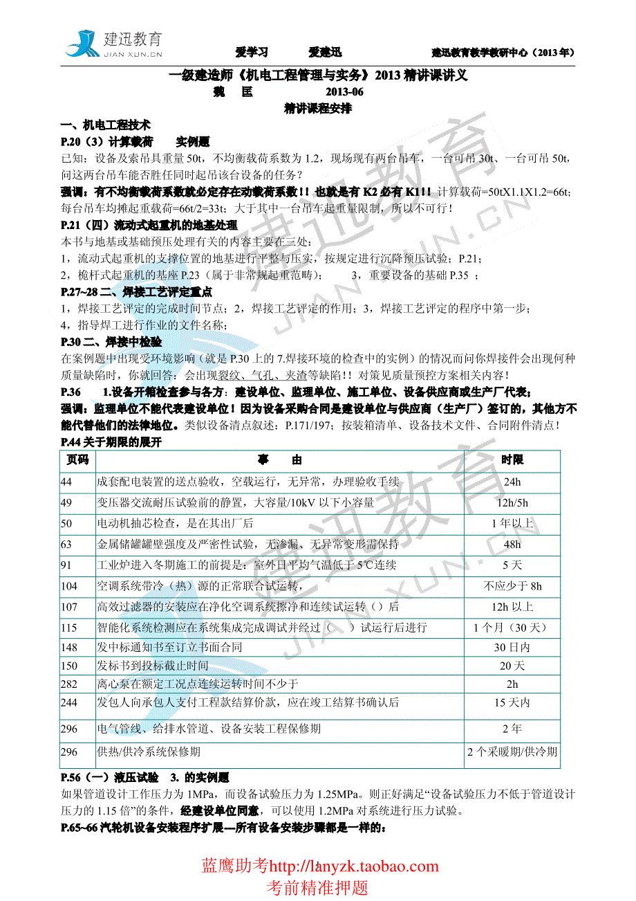 2013年建迅教育一级建造师《机电工程管理与实务》精讲班课程讲义（6月15-16日）主讲：魏老师__第1页