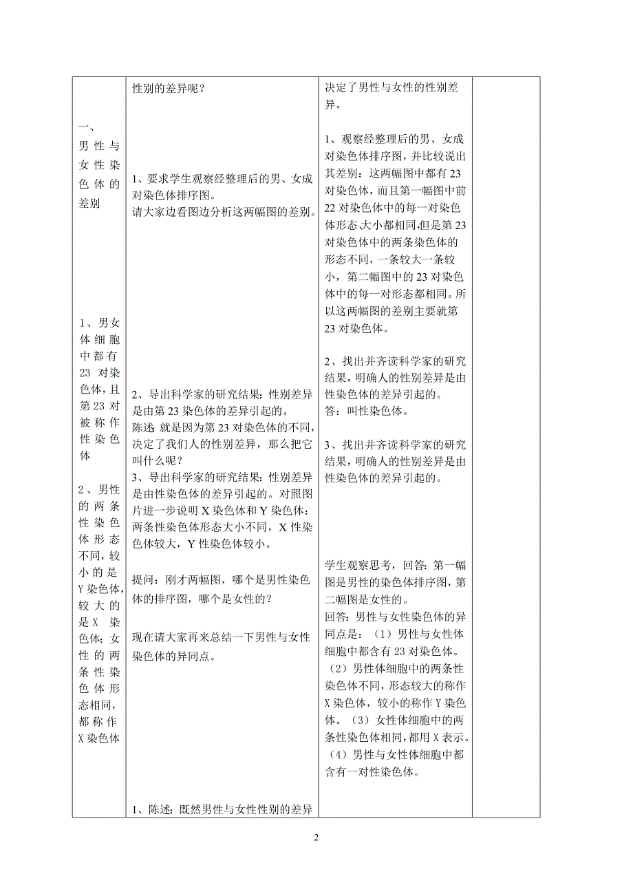 新人教版初中八年级生物下册第二章第四节《人的性别遗传》教案_第2页