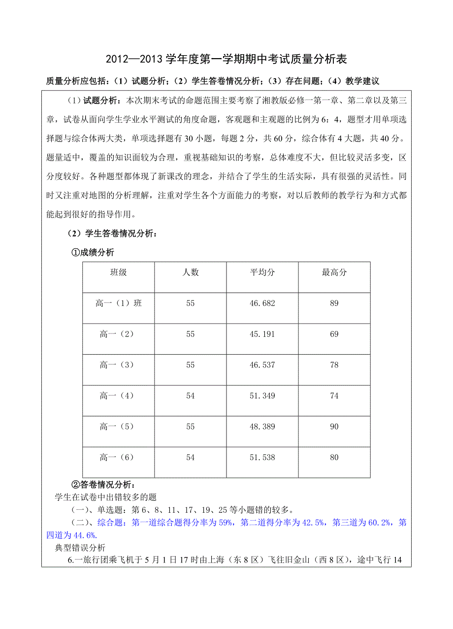 高一地理必修一其中质量分析表-121301_第1页