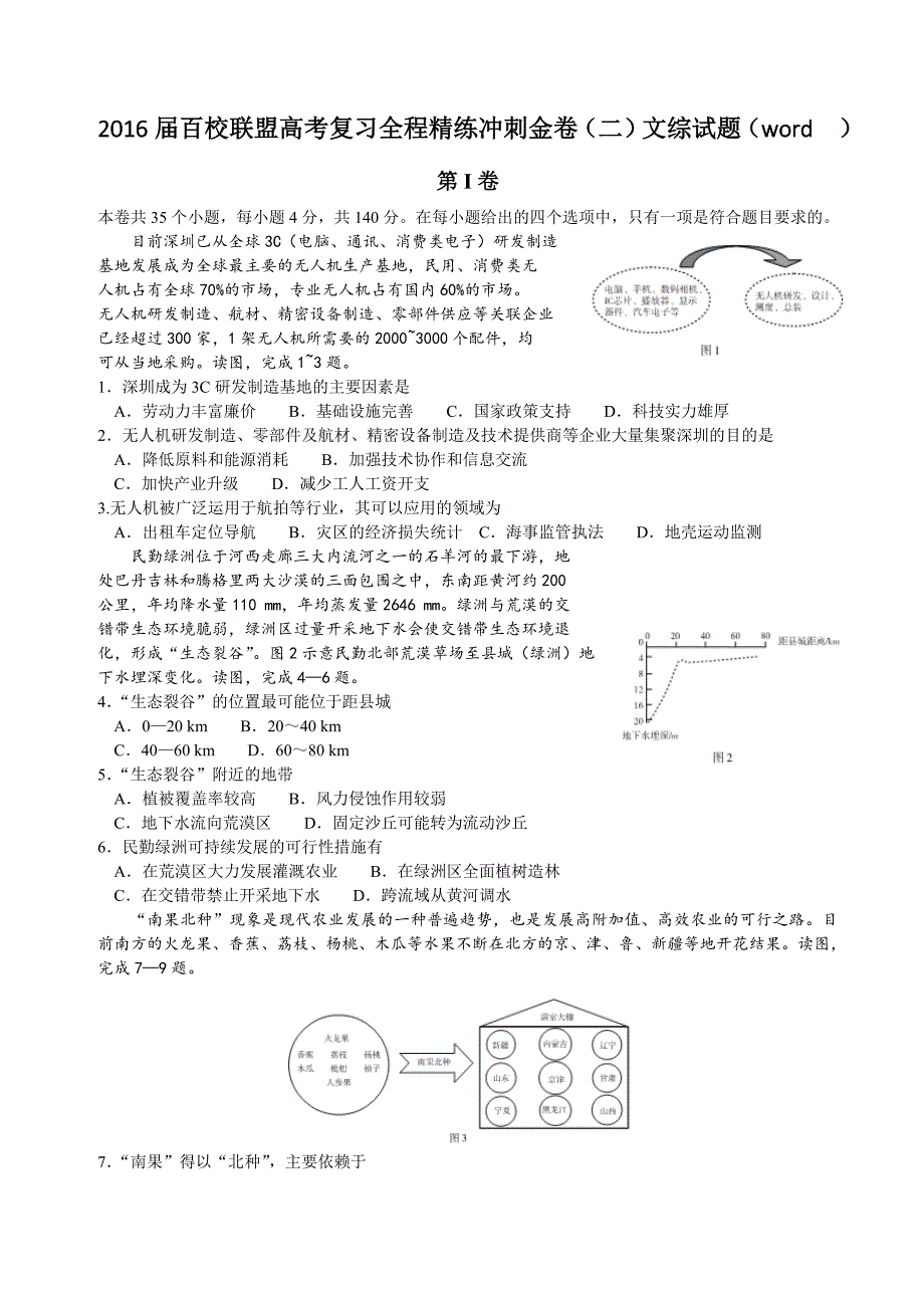 2016年百校联盟高考复习全程精练冲刺金卷（二）文综试题（word）_第1页