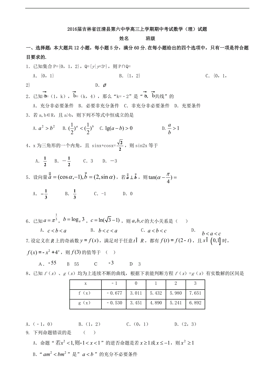 2016年吉林省汪清县第六中学高三上学期期中考试数学（理）试题_第1页