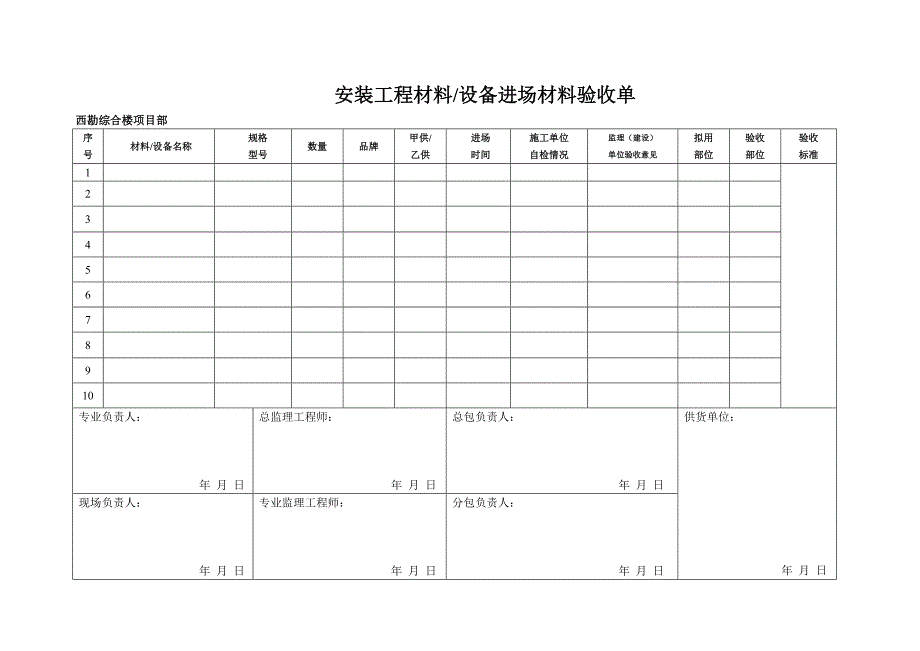 安装工程材料设备进场材料验收单_第1页