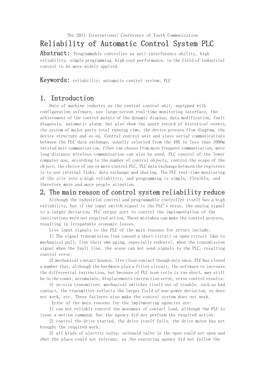 自动控制系统可编程逻辑控制器的可靠性中英文互译_第1页