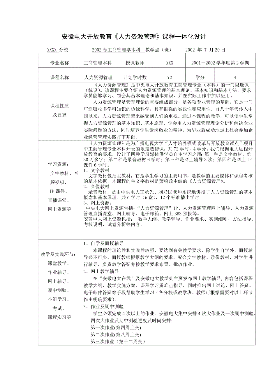 安徽电大开放教育人力资源管理课程一体化设计_第1页