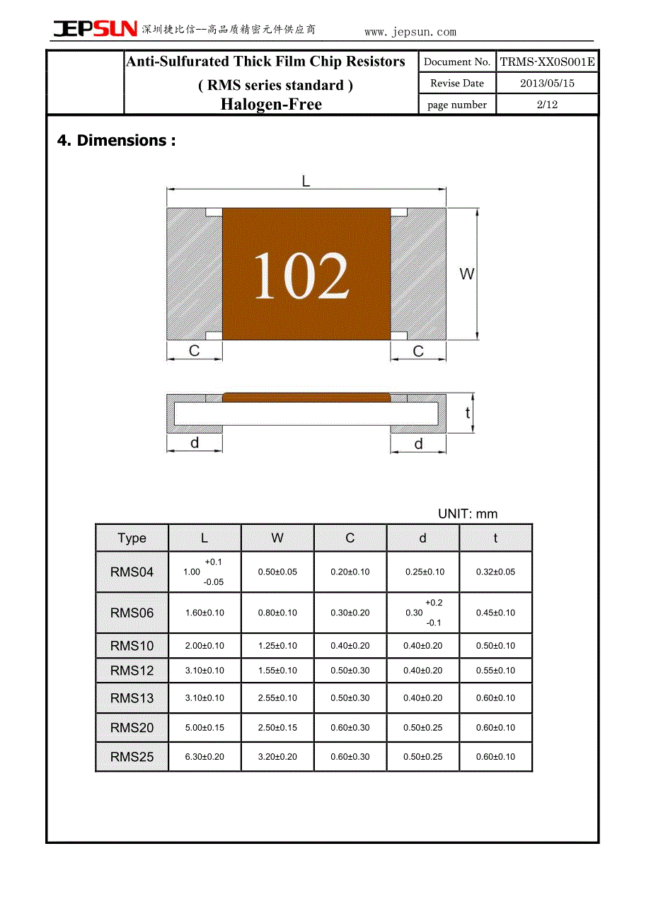 大毅抗硫化厚膜芯片电阻器rms系列选型手册_第2页