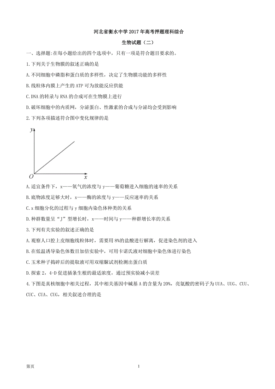 2017年河北省衡水中学高考押题理科综合生物试题（二）_第1页