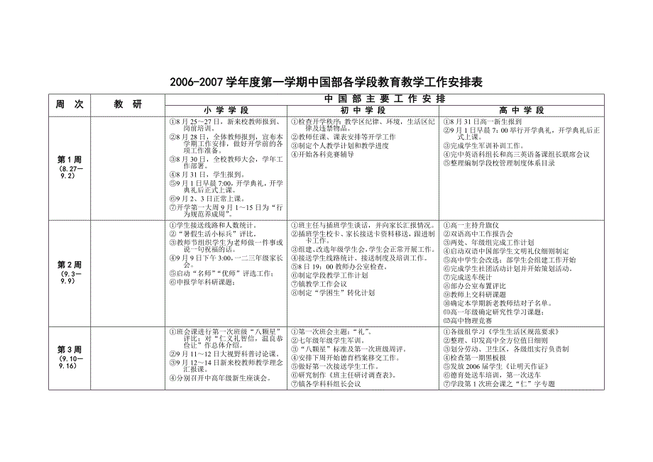 2006-2007学年度第一学期中国部各学段教育教学工作安排..._第1页