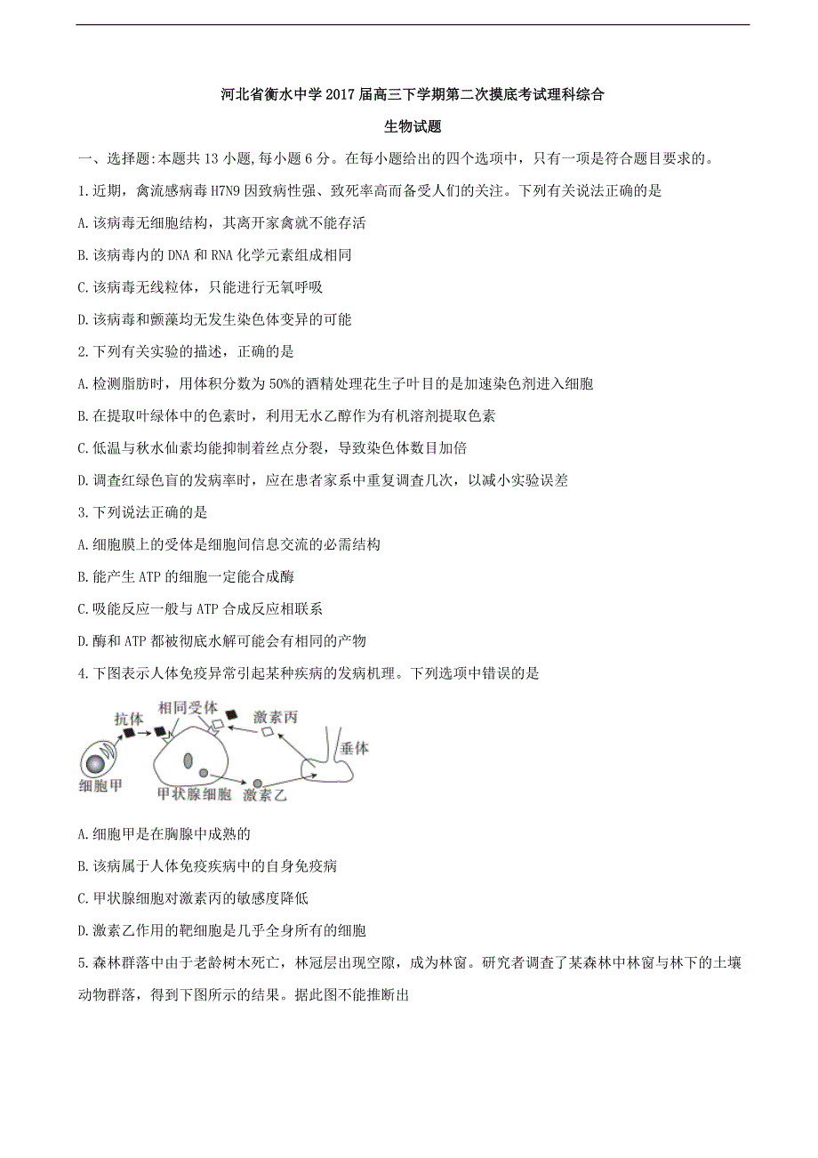 2017年河北省衡水中学高三下学期第二次摸底考试理综生物试题_第1页