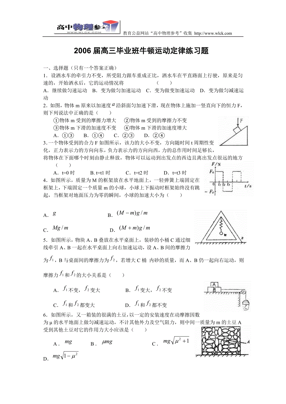 2006届高三毕业班牛顿运动定律练习题_第1页