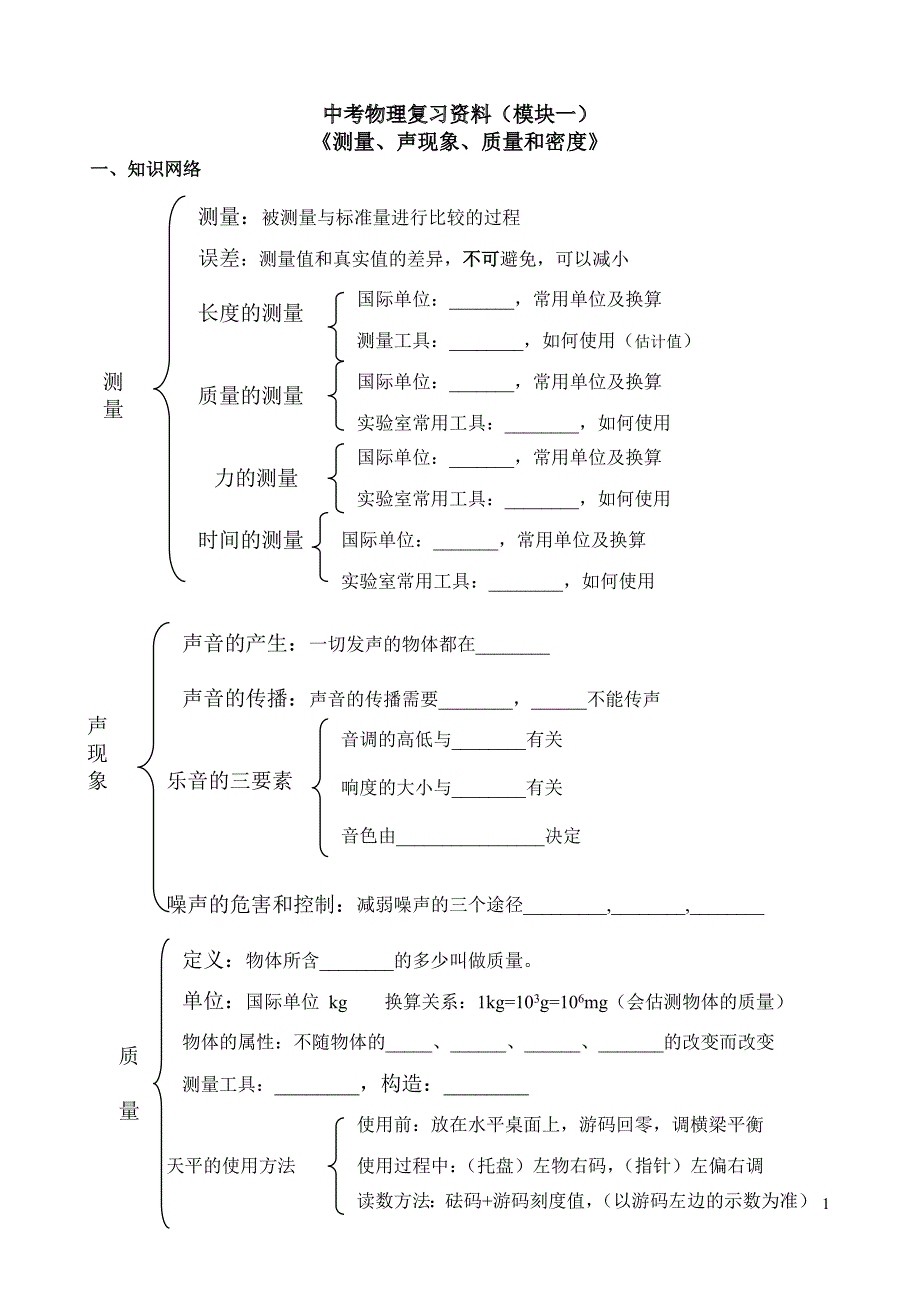 初三物理复习模块一(测量声音质量和密度)_第1页