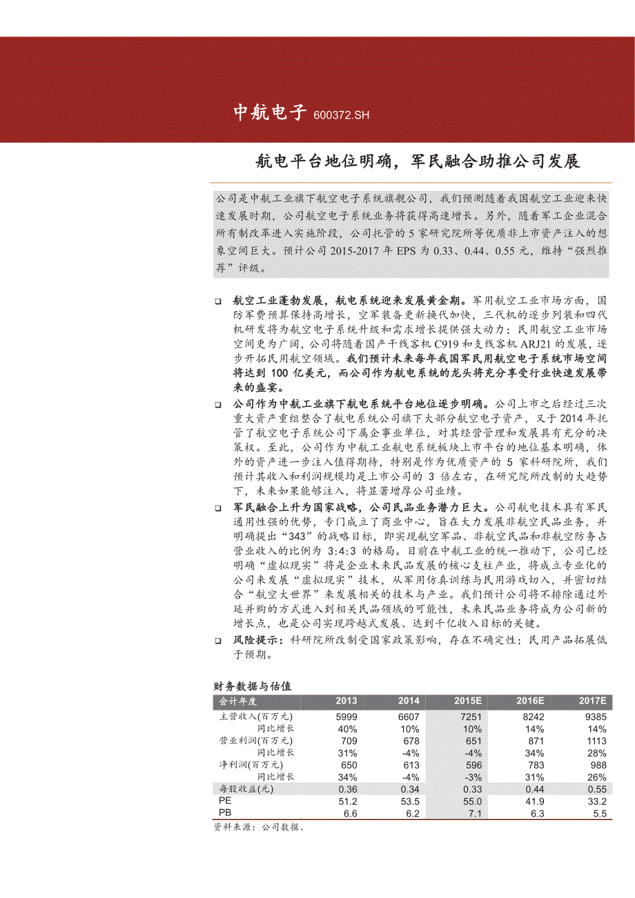 中航电子公司深度报告：航电平台地位明确，军民融合助推公司发展_第1页