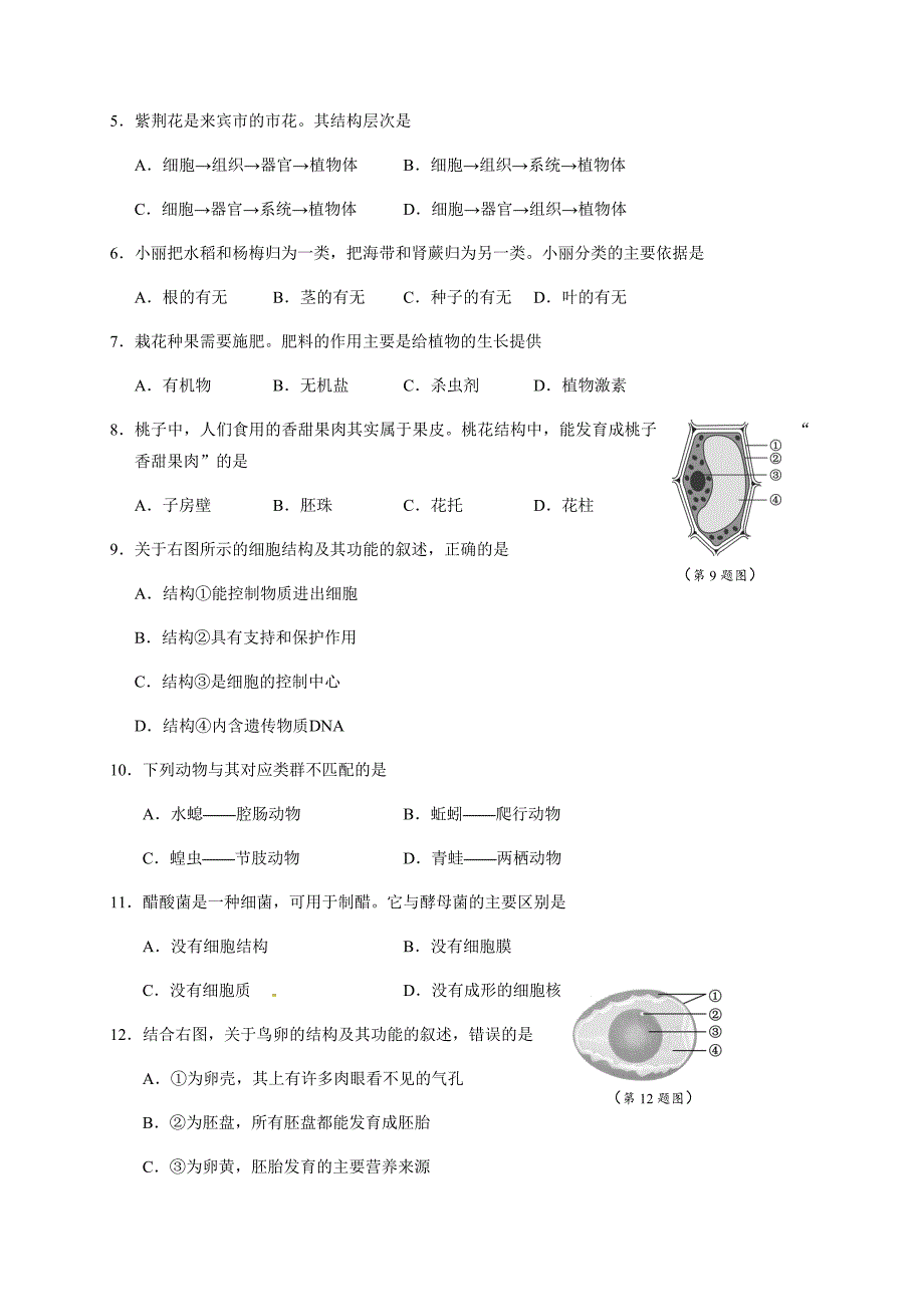 2016年来宾市中考初中毕业升学统一考试生物试题含答案_第2页