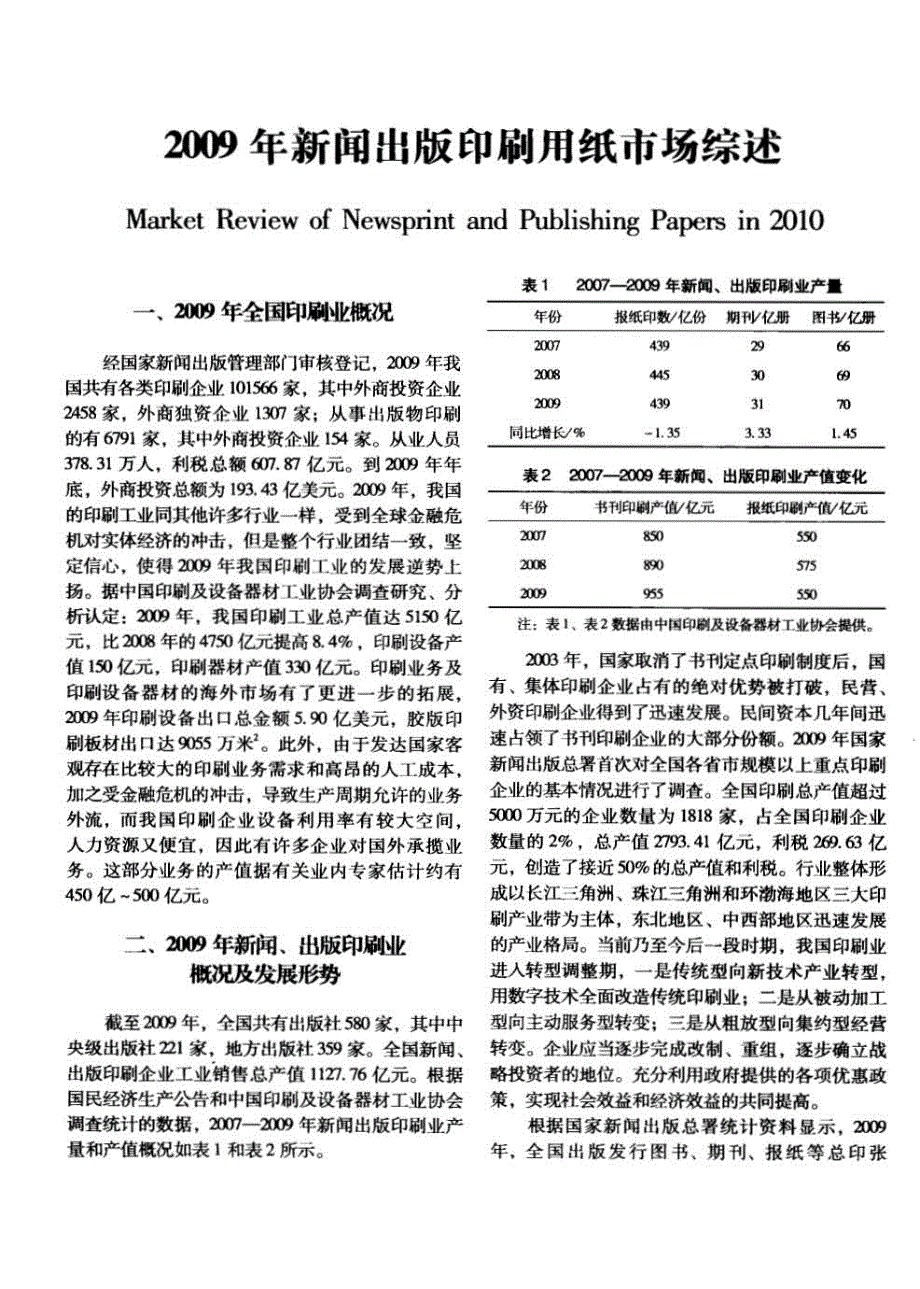 2009年新闻出版印刷用纸市场综述_第1页