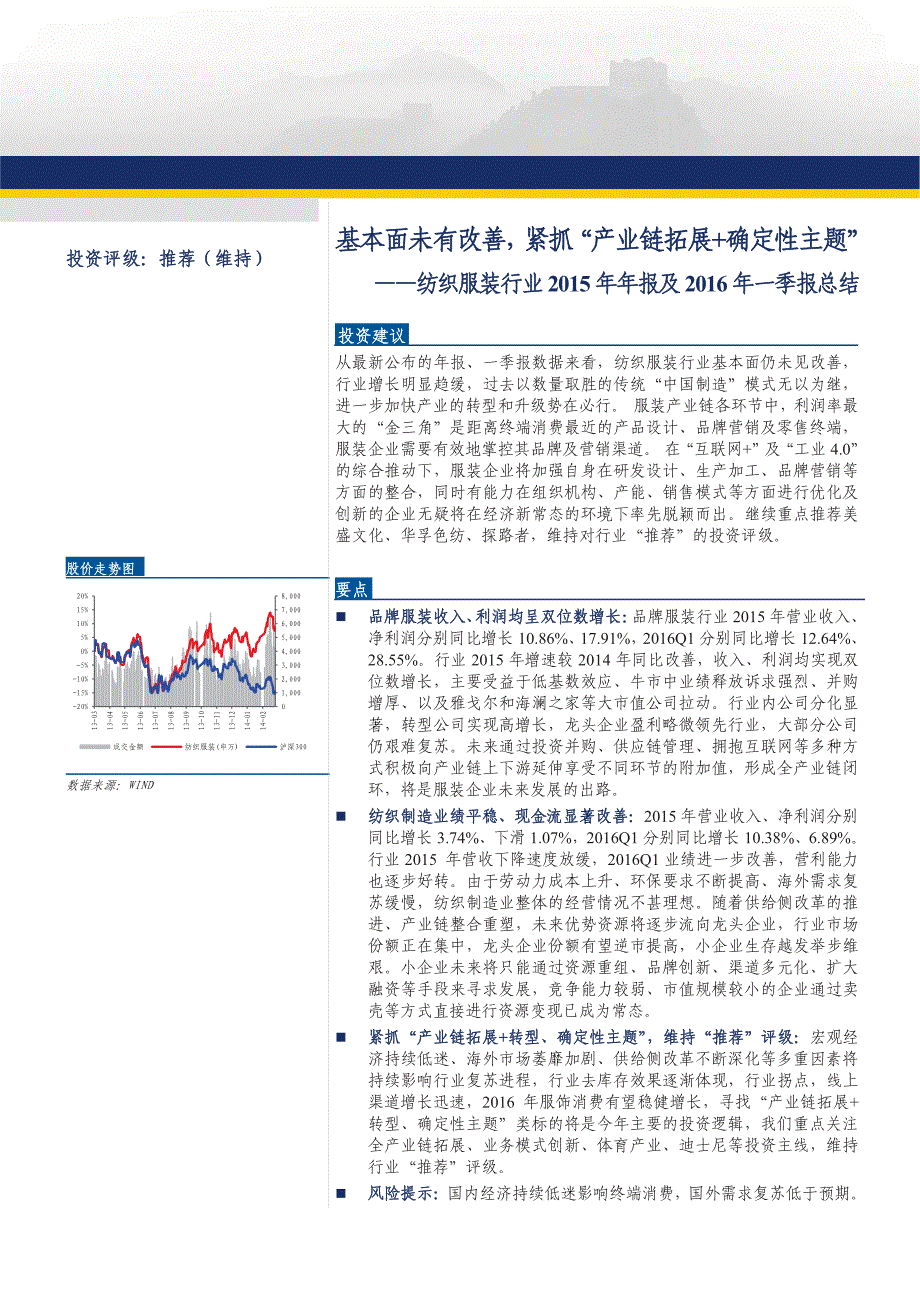 纺织服装行业2015年年报及2016年一季报总结：基本面未有改善，紧抓“产业链拓展+确定性主题”_第1页