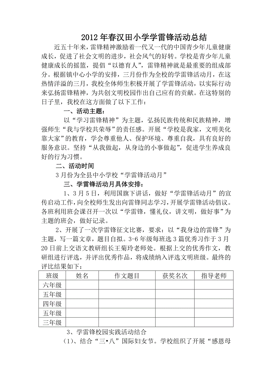 2012年春汉田小学学雷锋活动情况总结_第1页