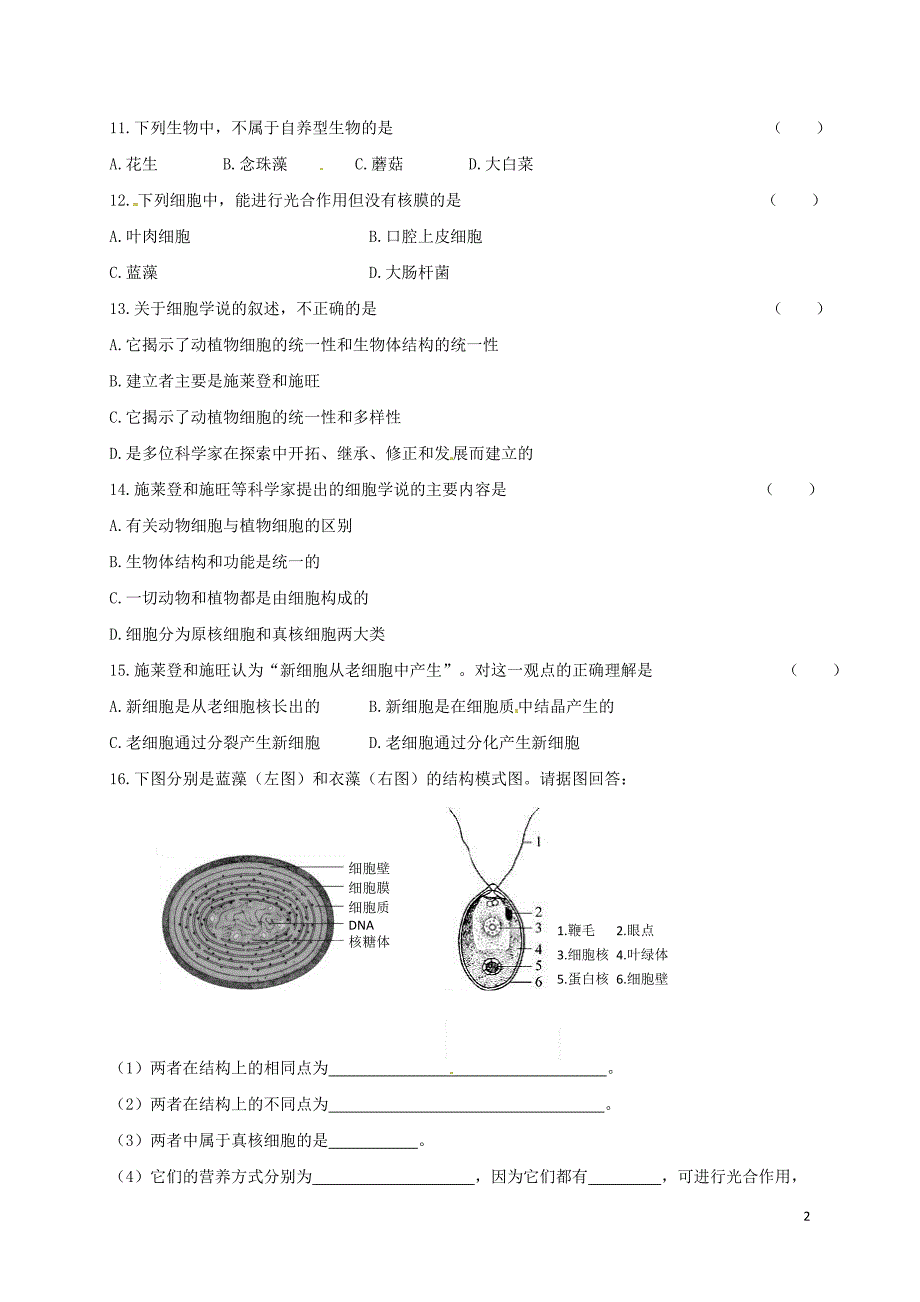 山西省忻州市高中生物第一章人体的内环境与稳态第二节细胞的多样性和统一性2课时测练新人教版必修1_第2页