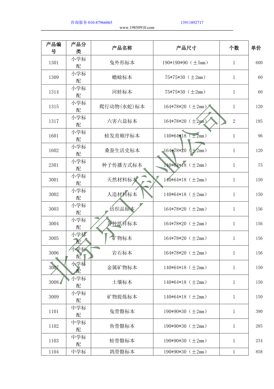 中小学教学实验标配标本价格_第1页