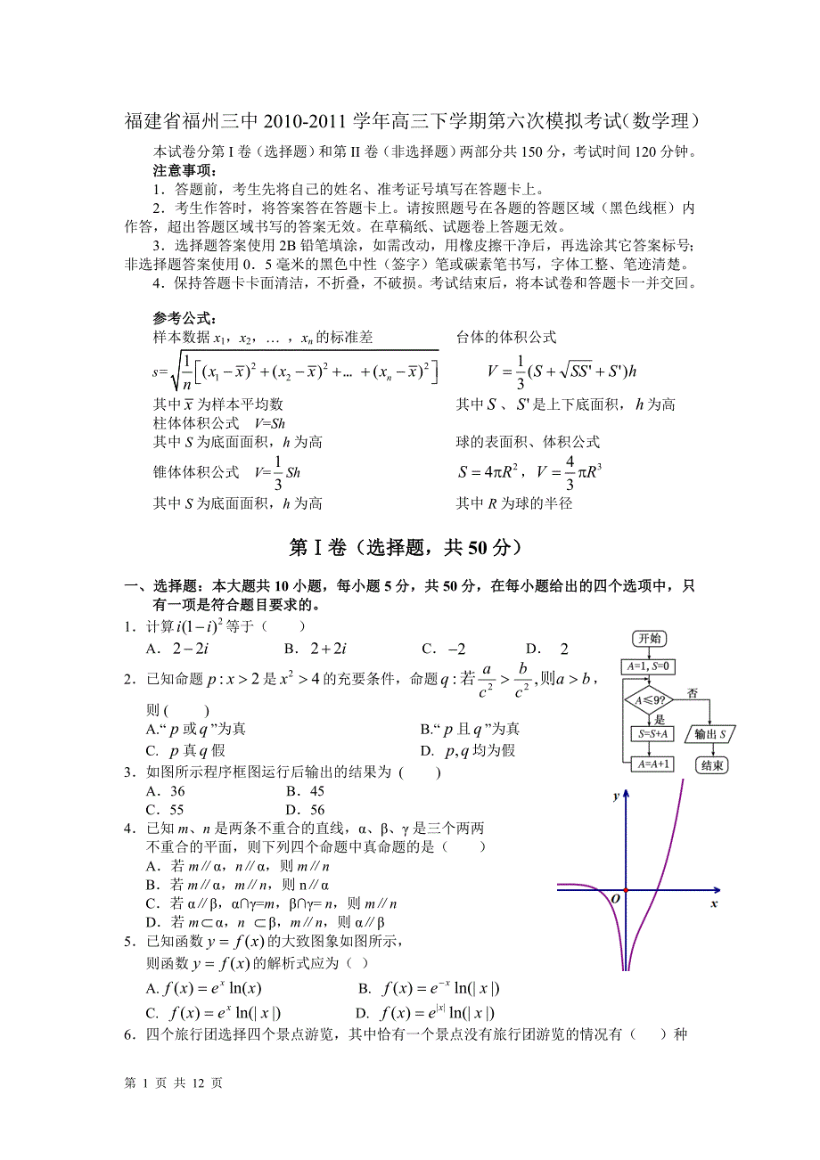 福建省2011届高三第六次模拟考试(数学理)_第1页