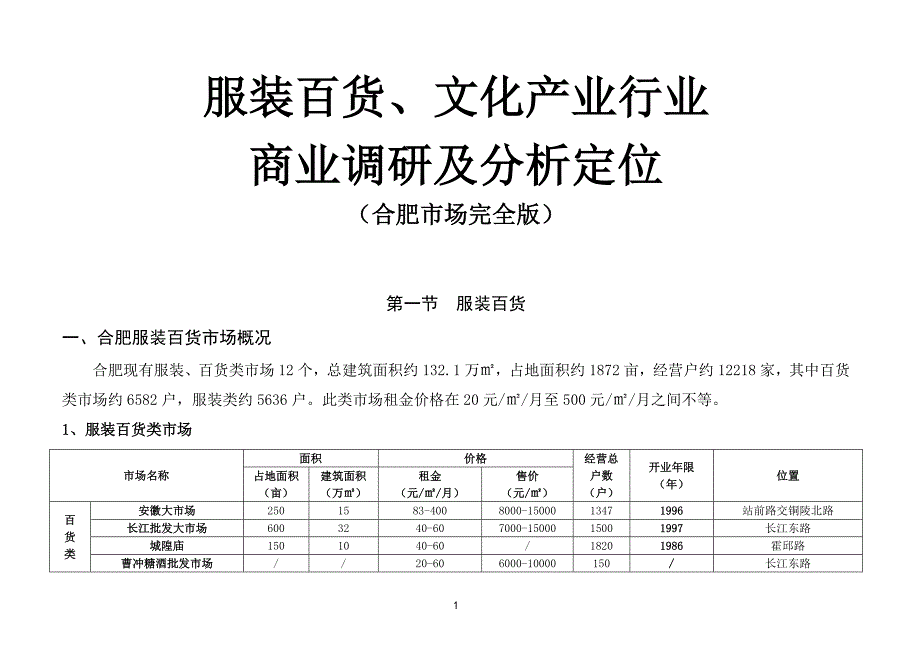 服装百货、文化产业行业商业调研及分析定位(合肥市场完全版)_第1页