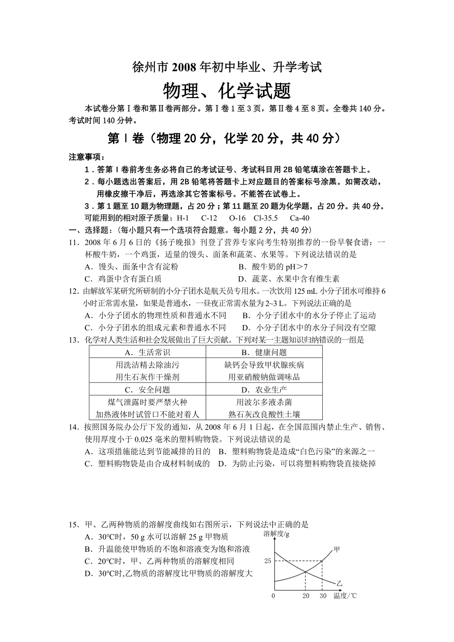 2008年徐州市中考化学试题及答案_第1页