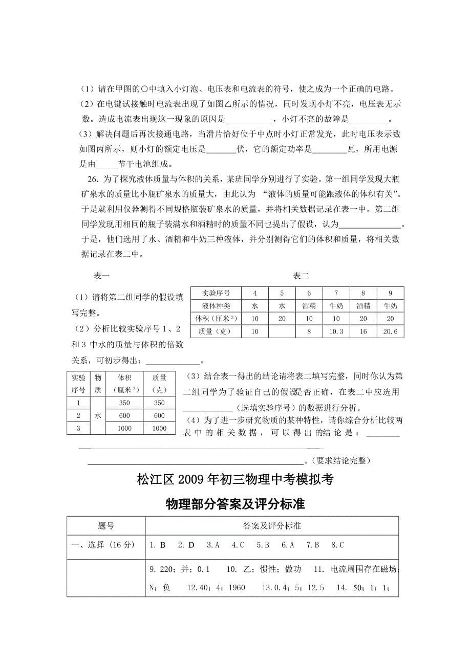 2009年沪教版初三物理中考模拟试题及答案上海市松江区_第5页