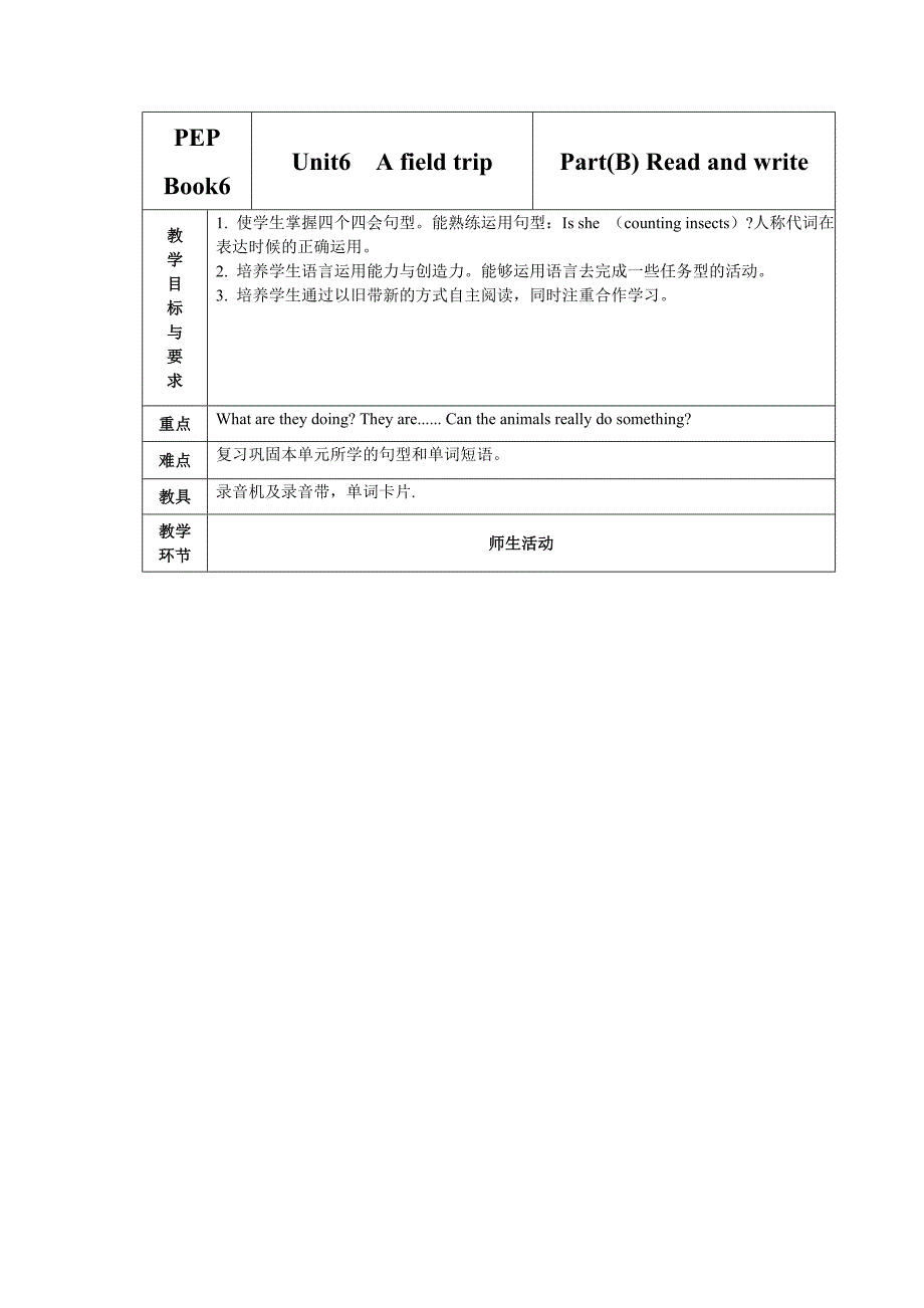 Unit6AfieldtripBReadandwrite教学设计及练习题_第1页