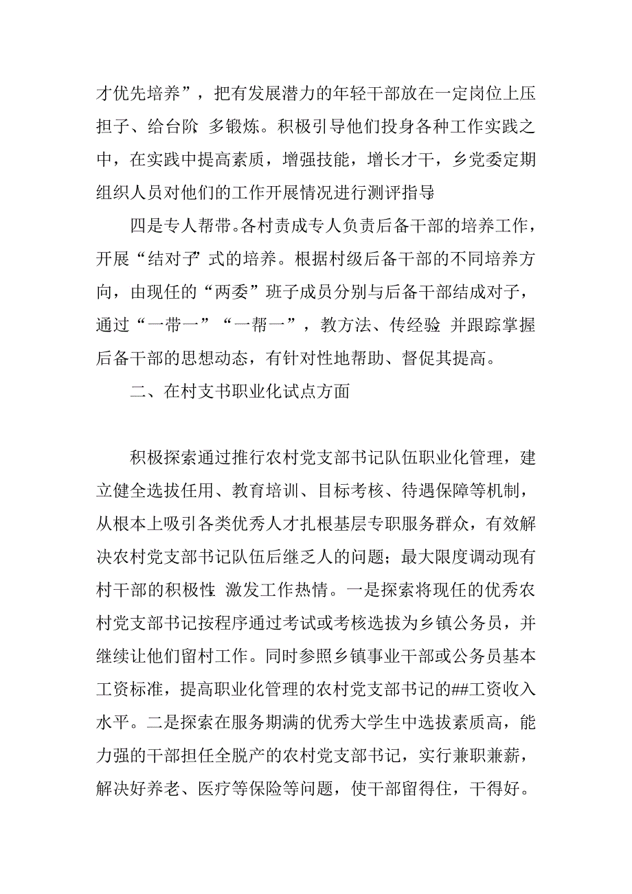 乡村级后备干部培养、村支书职业化试点方面、基层减负和政策到村工作开展情况.doc_第2页