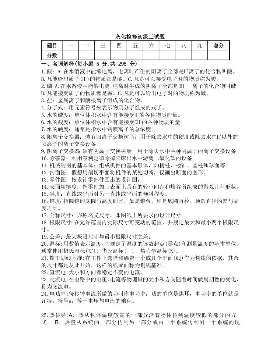 灰化检修初级工试题含答案_第1页