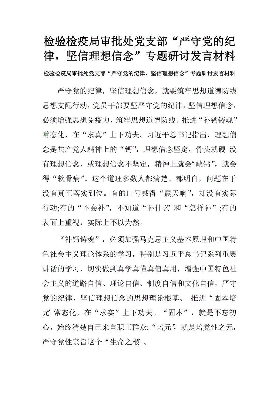 检验检疫局审批处党支部“严守党的纪律，坚信理想信念”专题研讨发言材料.doc_第1页