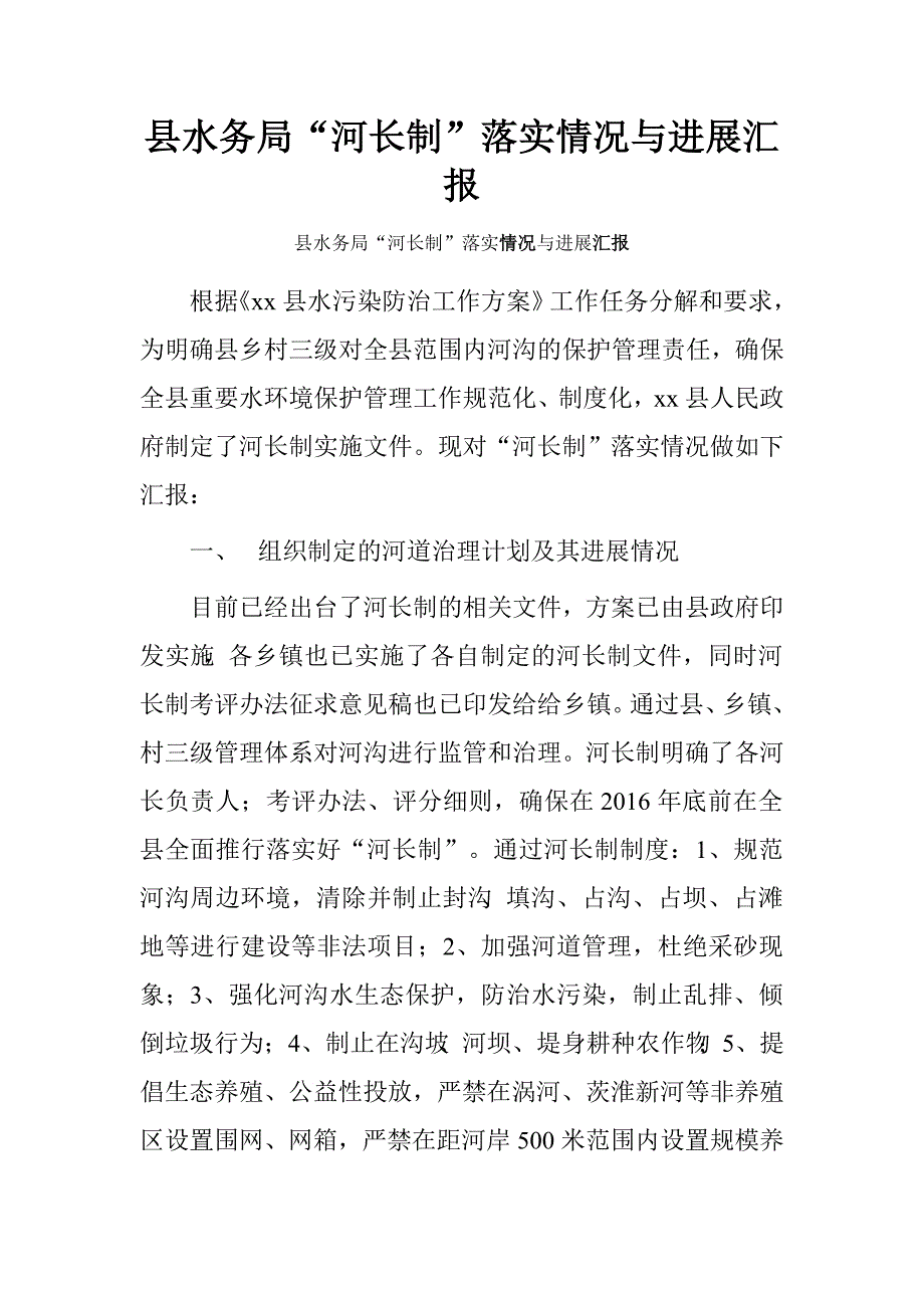 县水务局“河长制”落实情况与进展汇报.doc_第1页