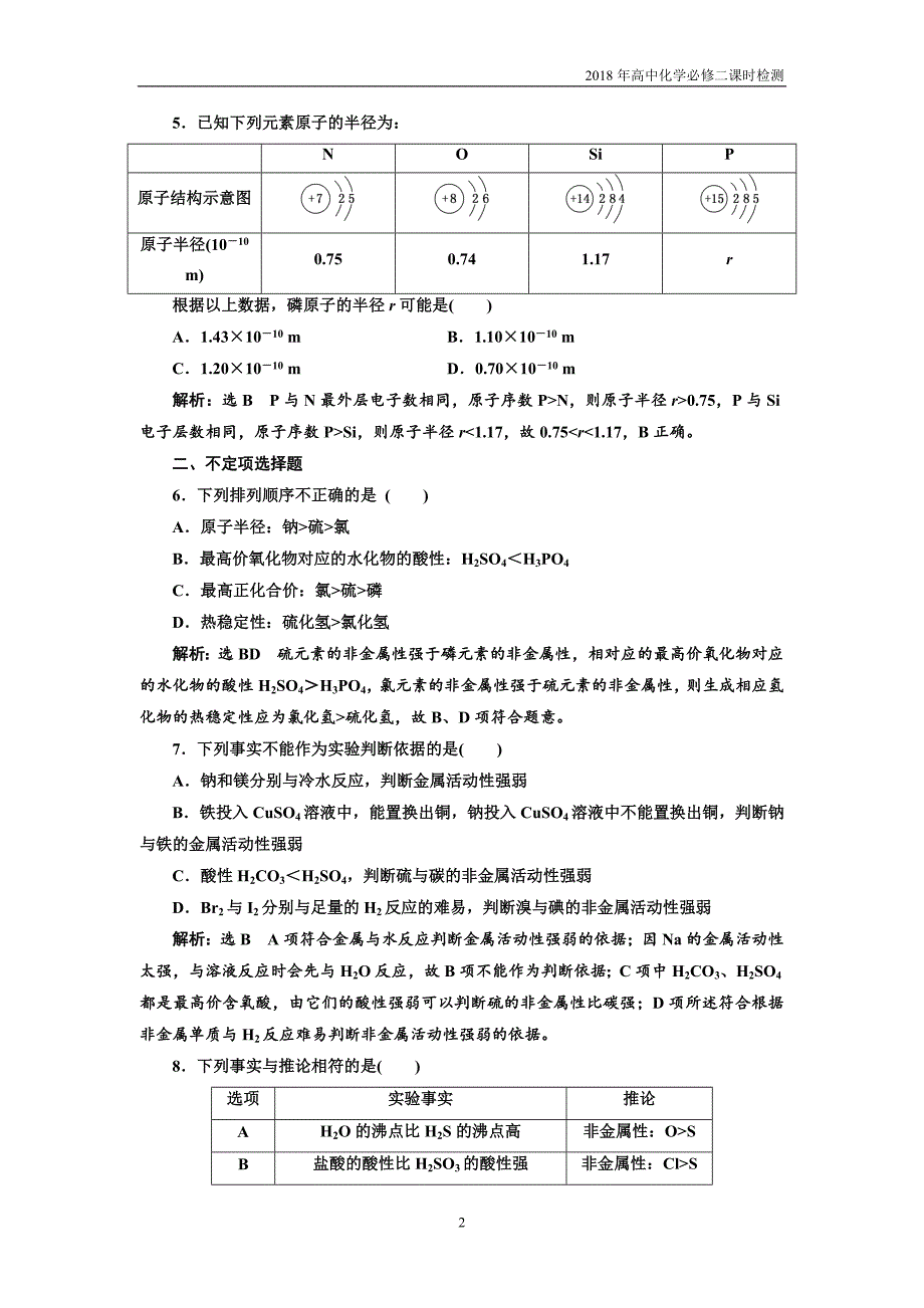 2018年高中化学必修二课时检测（一）原子核外电子的排布、元素周期律含解析_第2页