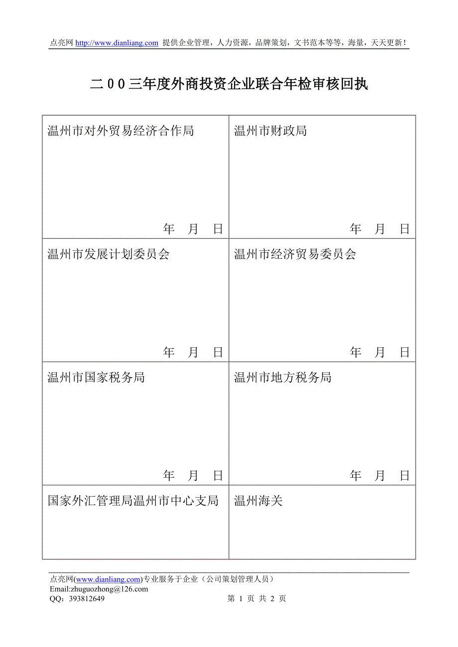 二00三年度外商投资企业联合年检审核回执（一）_第1页