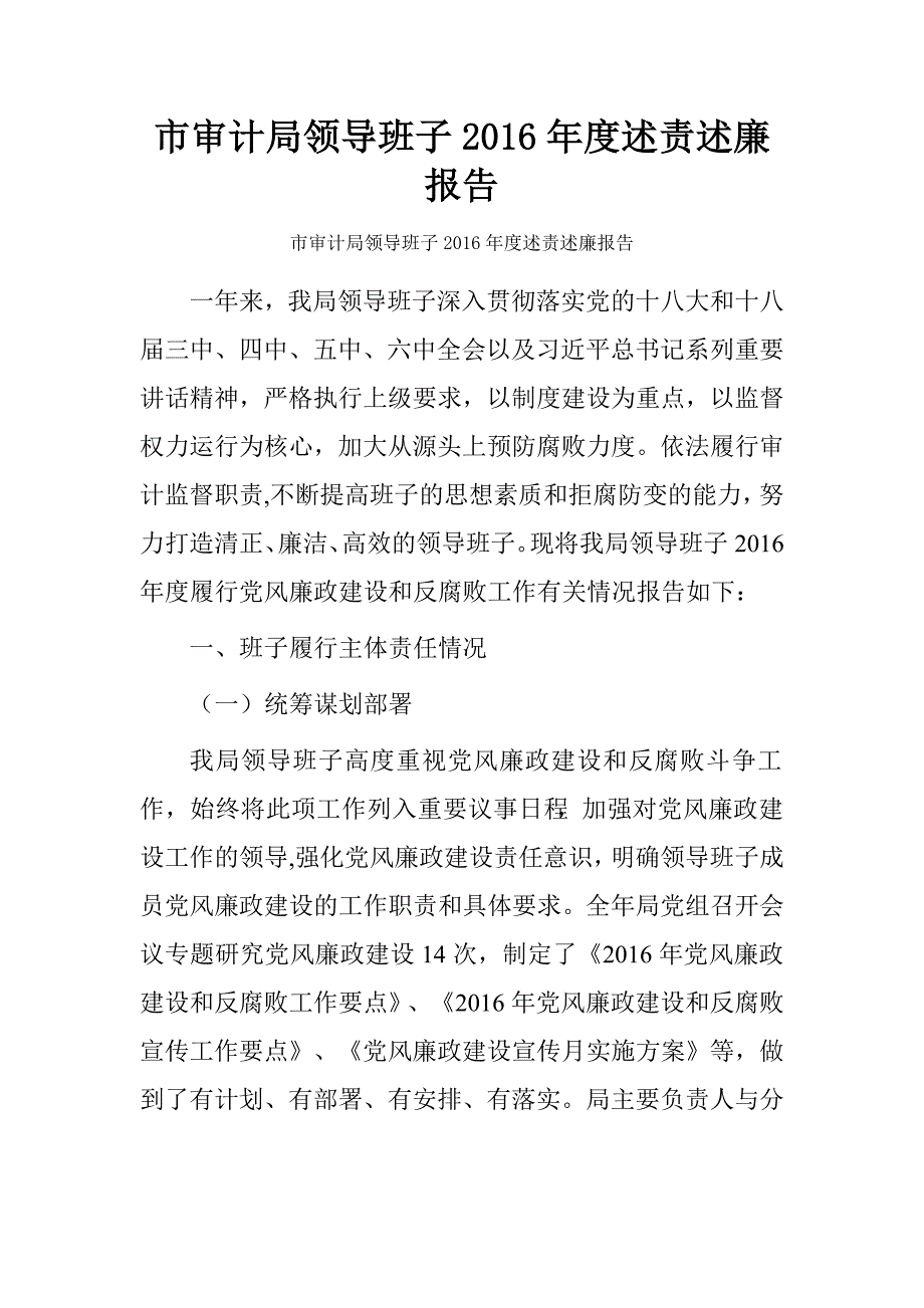 市审计局领导班子2016年度述责述廉报告.doc_第1页