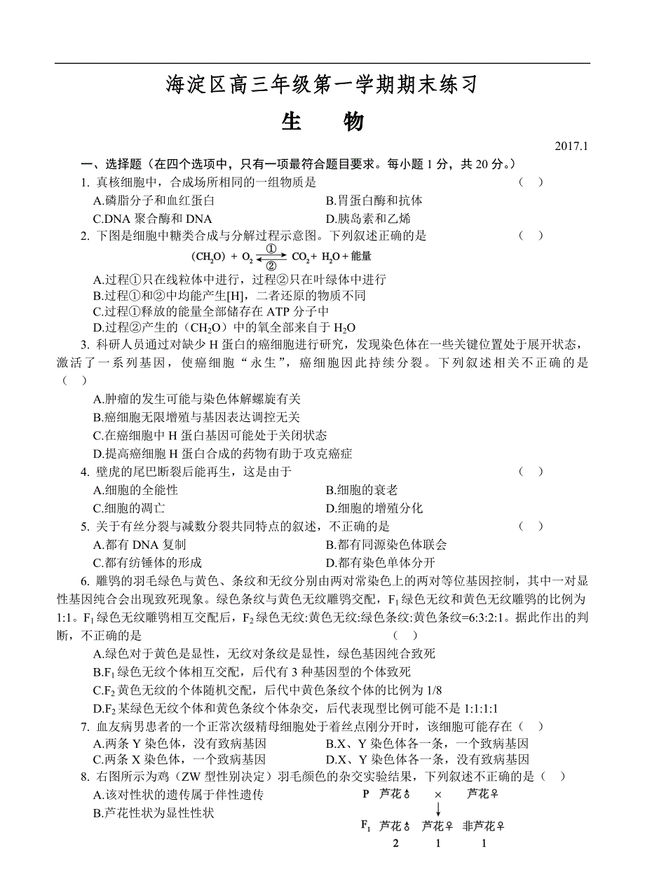 北京市海淀区2017届高三上学期期末考试生物试题（含答案）_第1页