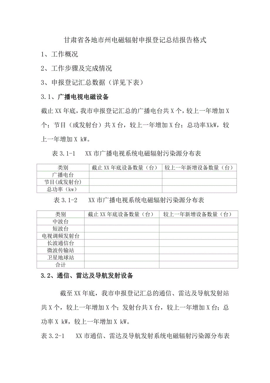 甘肃省各地市州电磁辐射申报登记总结报告格式_第1页