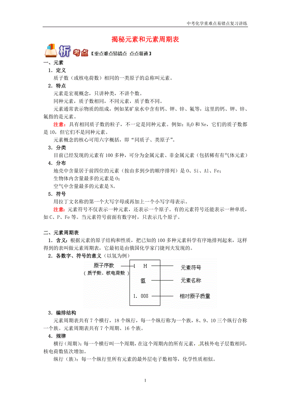 初三化学中考复习重难点易错点讲练《揭秘元素和元素周期表》含解析_第1页