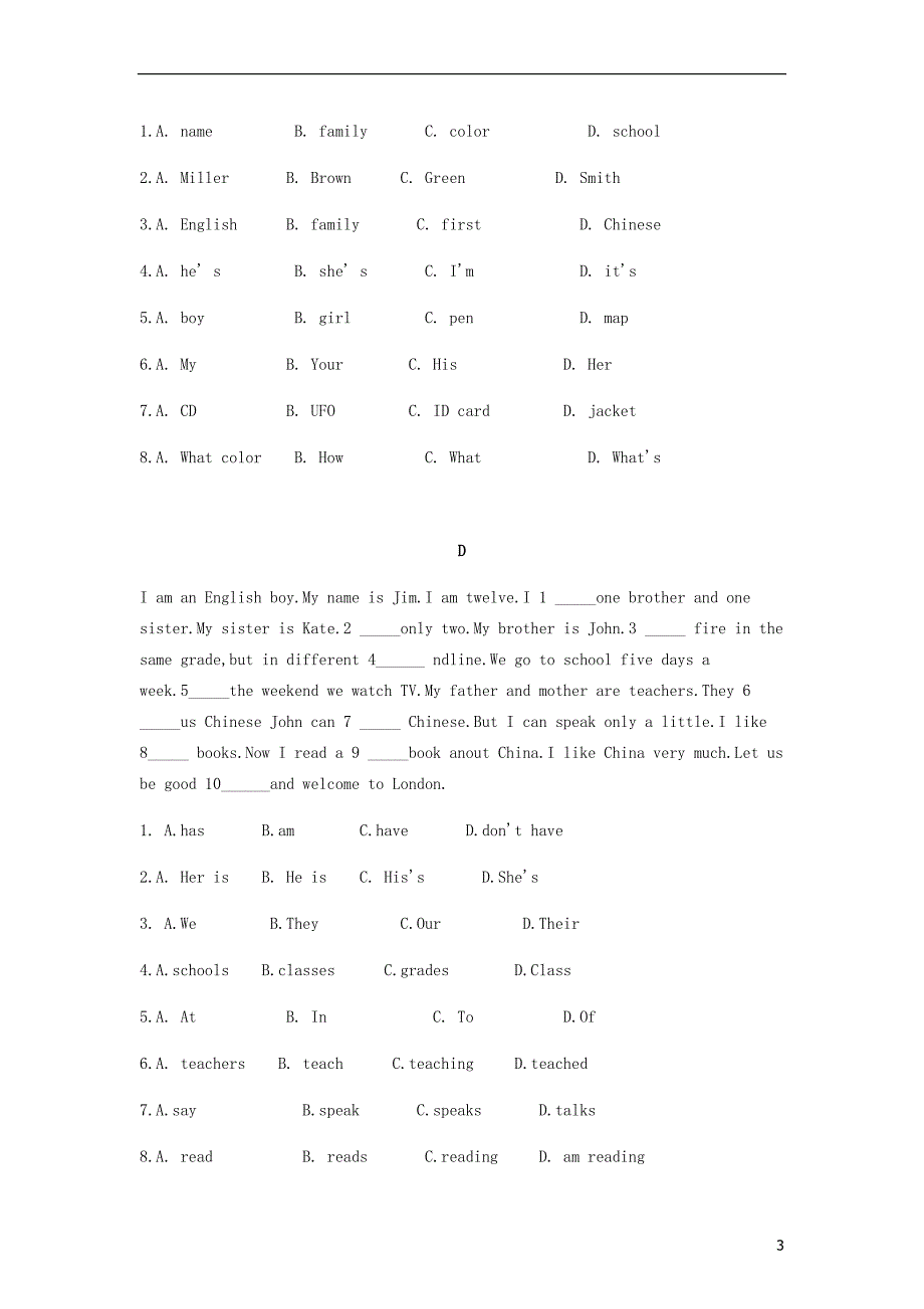 浙江省杭州市拱墅区七年级英语上册完型阅读拔高练习（新版）人教新目标版_第3页