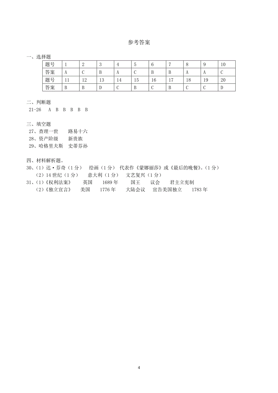 初中历史九年级上册期末模拟试题附答案_第4页