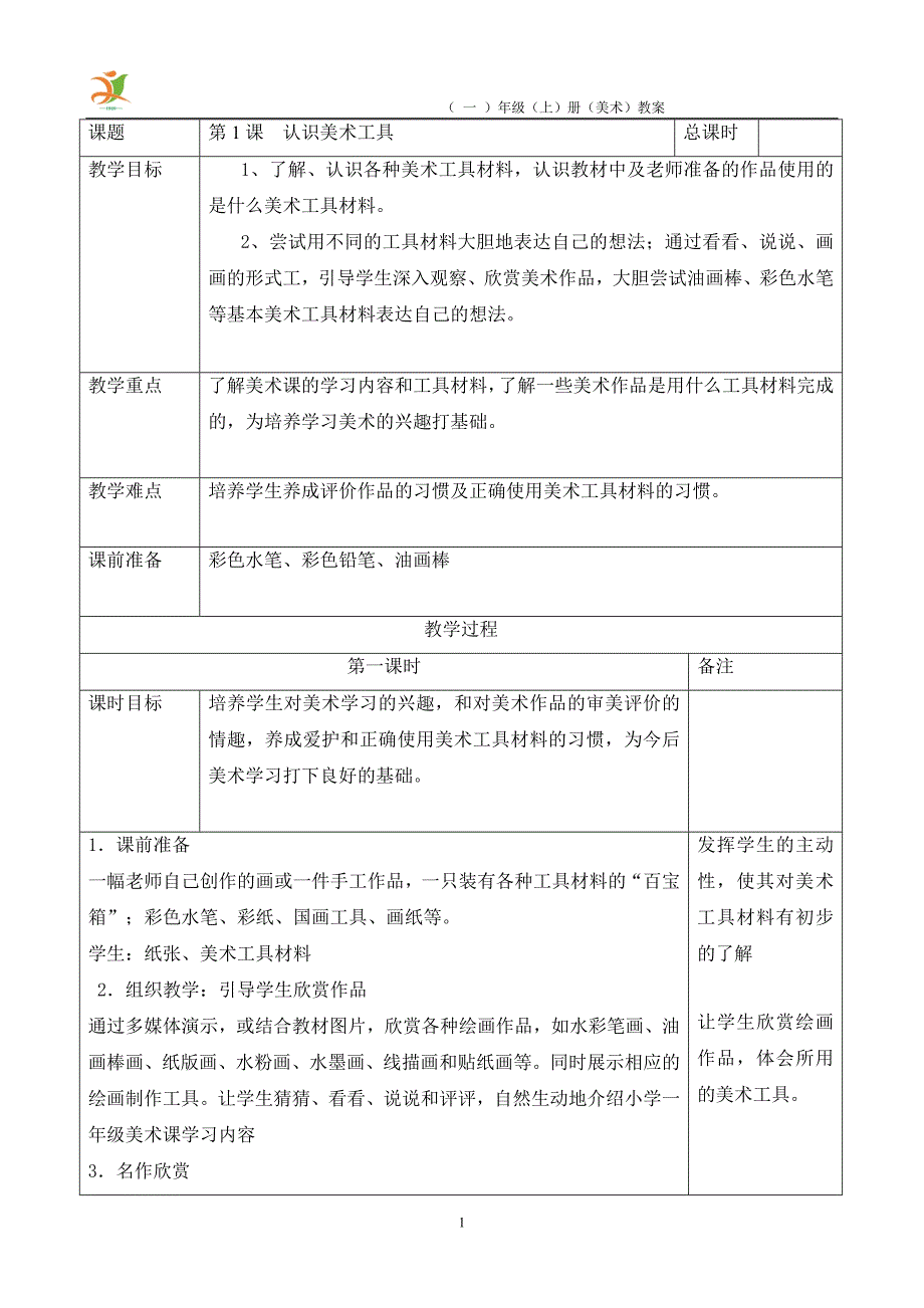 人教版小学美术一年级上册教案(全册)_第1页