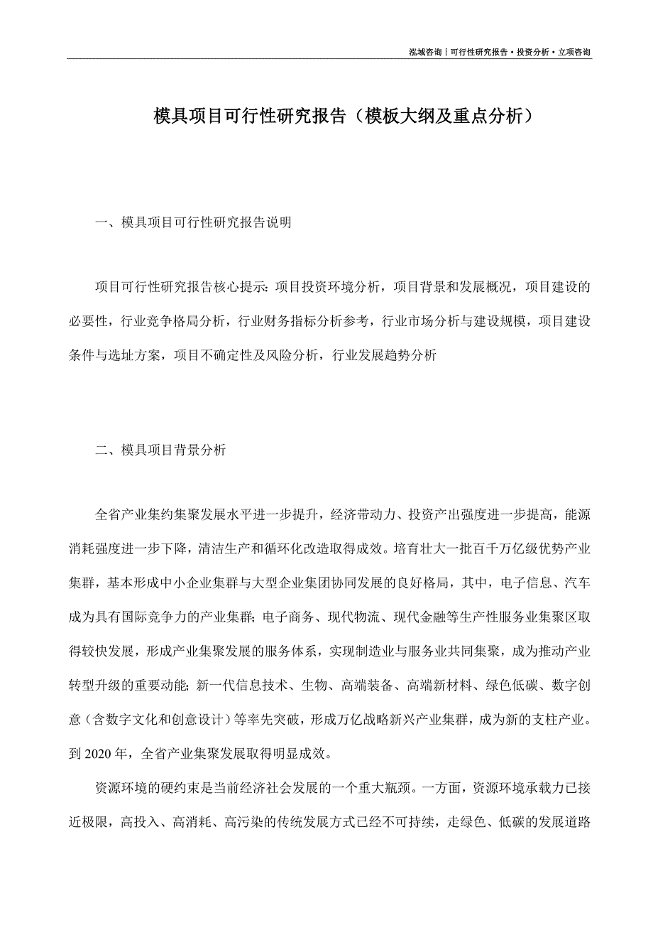 模具项目可行性研究报告（模板大纲及重点分析）_第1页