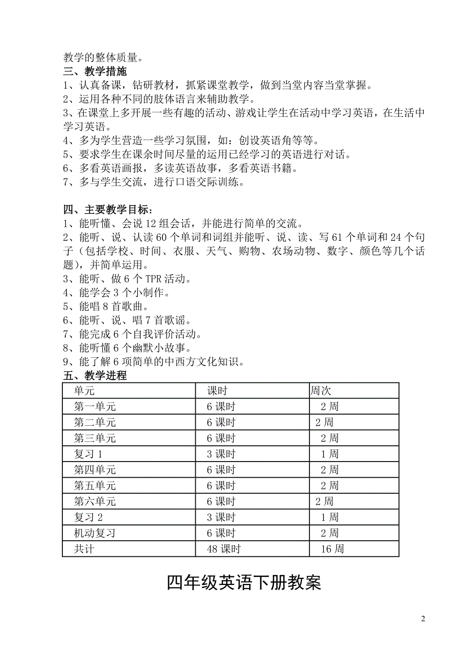 人教版PEP小学英语四年级下册教案全册_第2页