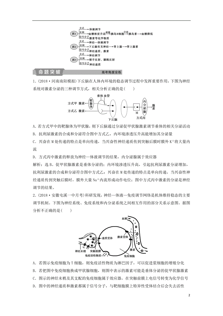 2019届高考生物一轮复习第八单元生命活动的调节加强提升课（六）动物生命活动调节模型及相关实验突破学案_第2页