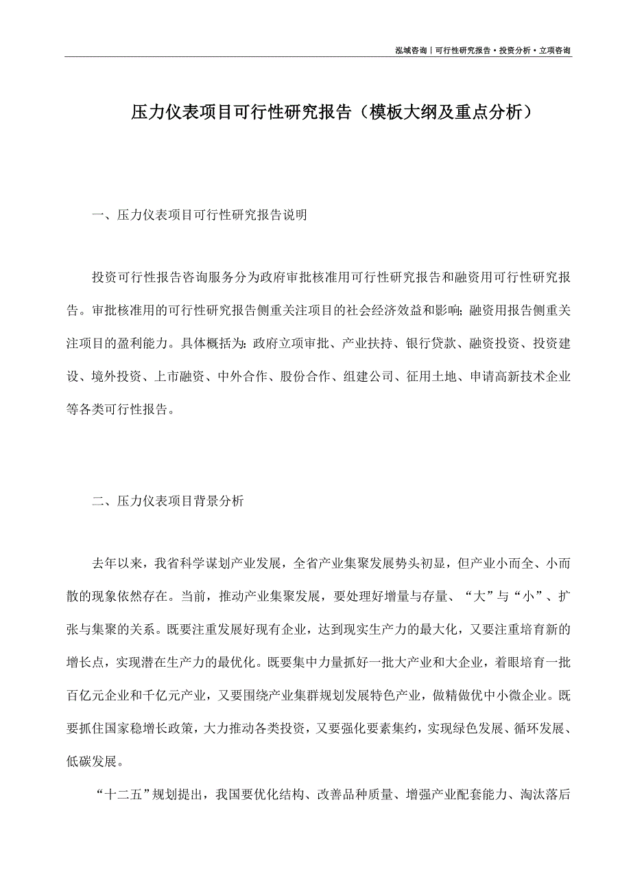 压力仪表项目可行性研究报告（模板大纲及重点分析）_第1页