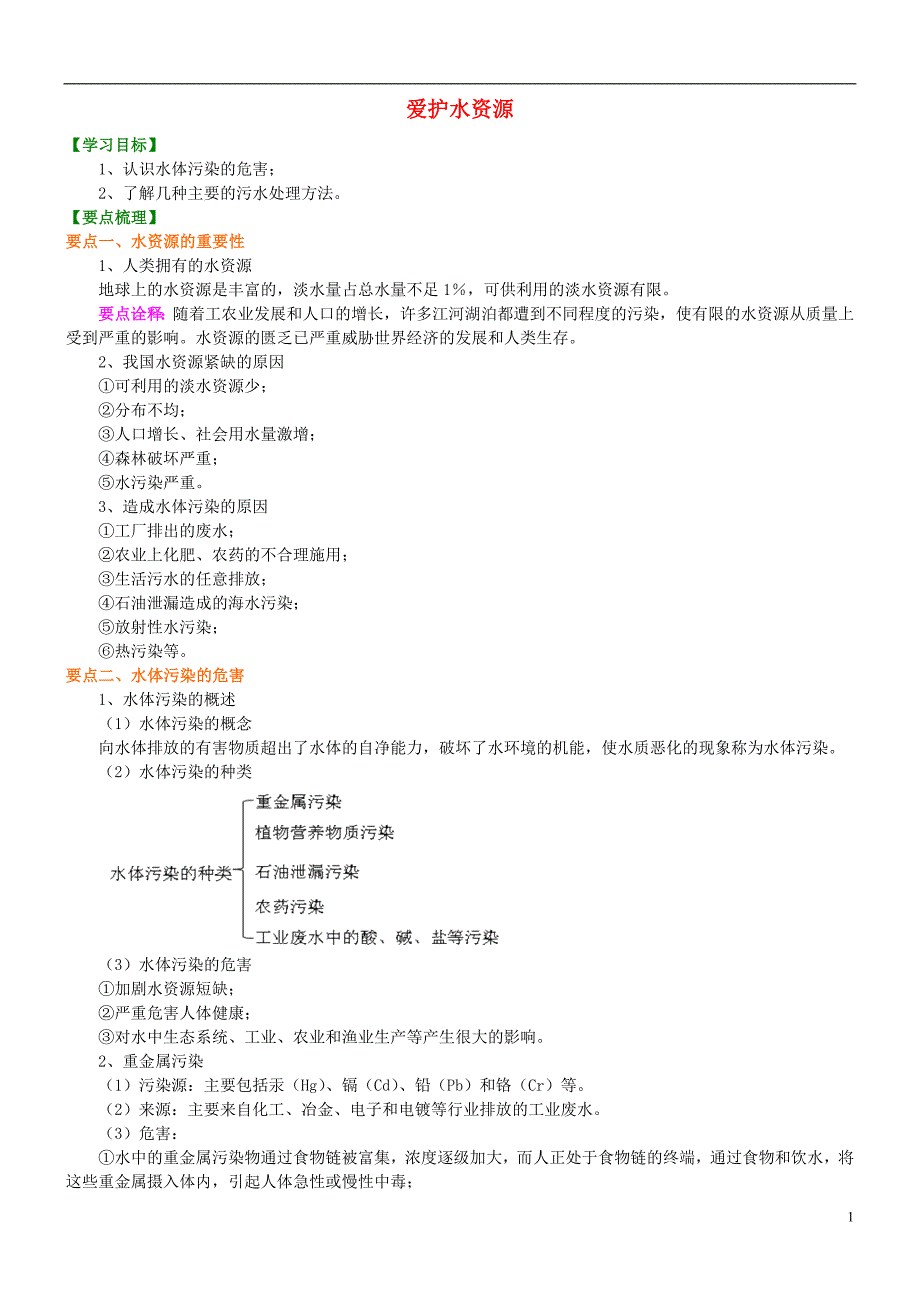 高中化学爱护水资源知识讲解学案新人教版选修2_第1页