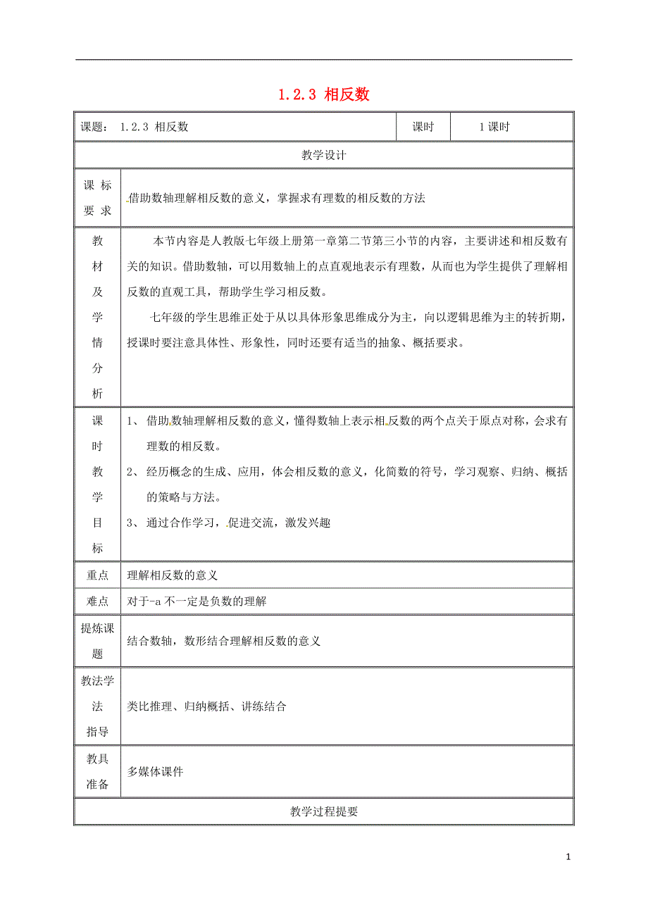 湖南省益阳市资阳区迎丰桥镇七年级数学上册第一章有理数1.2有理数1.2.3相反数教案（新版）新人教版_第1页