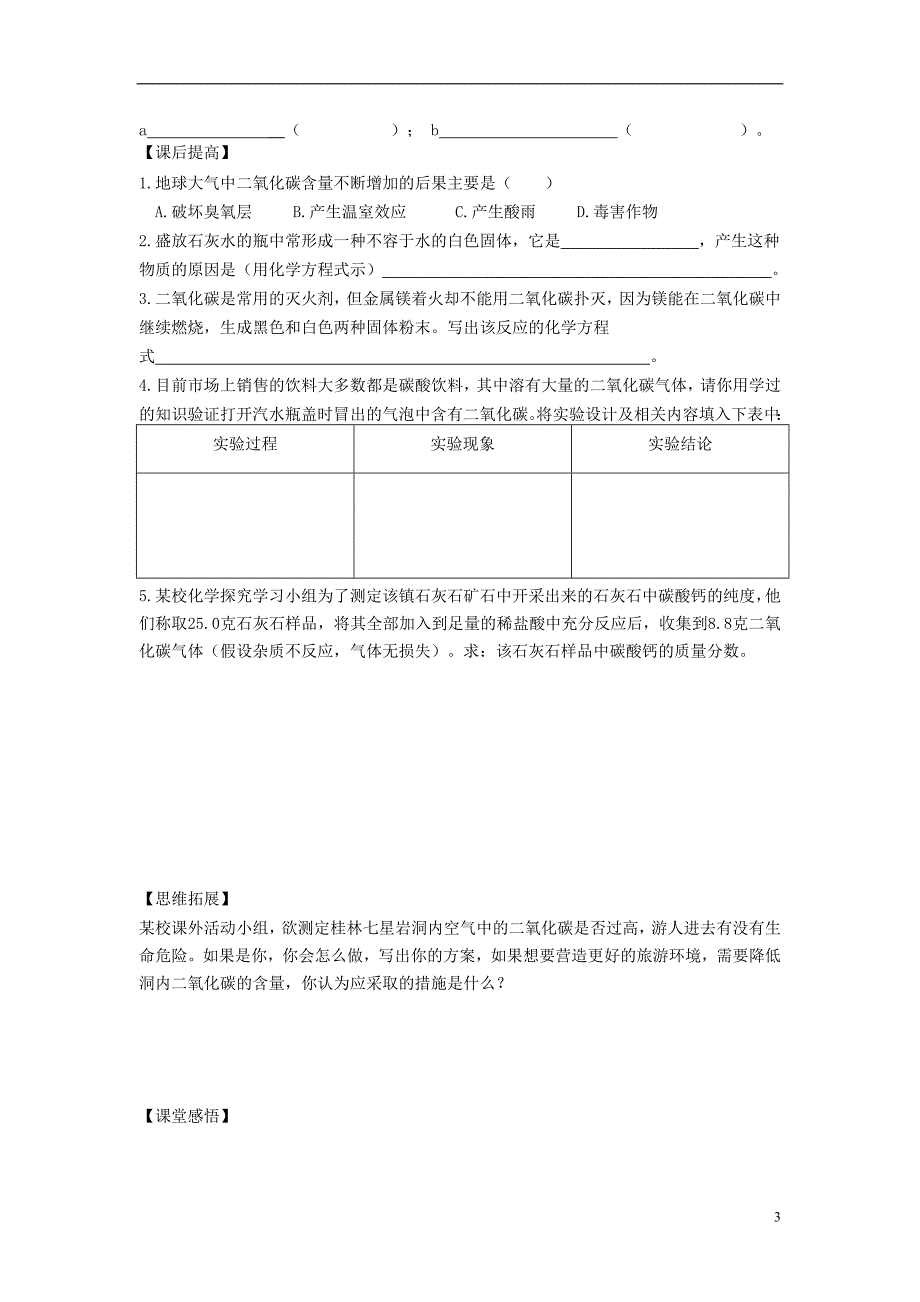 九年级化学上册6.3.2二氧化碳的性质学案（无答案）（新版）鲁教版_第3页